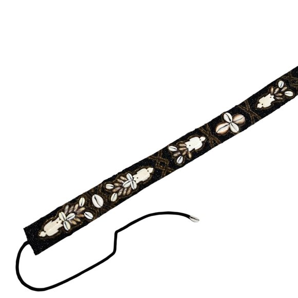 Handcrafted Beaded Black Beige‎ Bohemian Belt Cowrie Shells Carved Turtle Tie - Picture 6 of 11